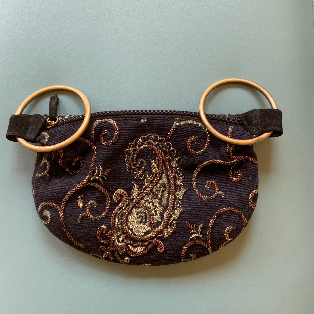Vintage 90s Paradox Black Paisley Beaded Bag w/ Gold Bangle Hoop Handles